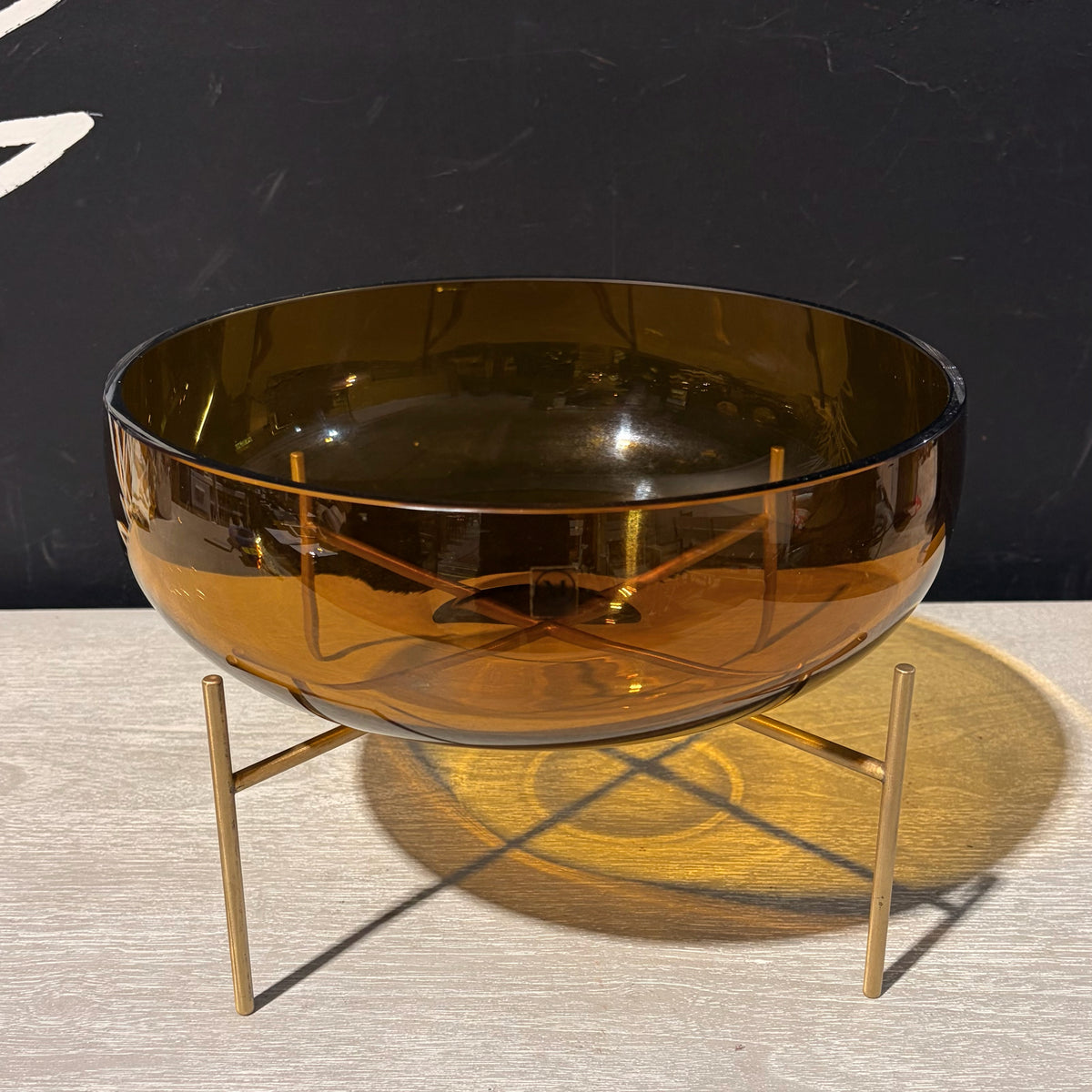 Echasse Amber Glass Decorative Bowl with Bronze Stand 11.5 Diam x 7.5"H