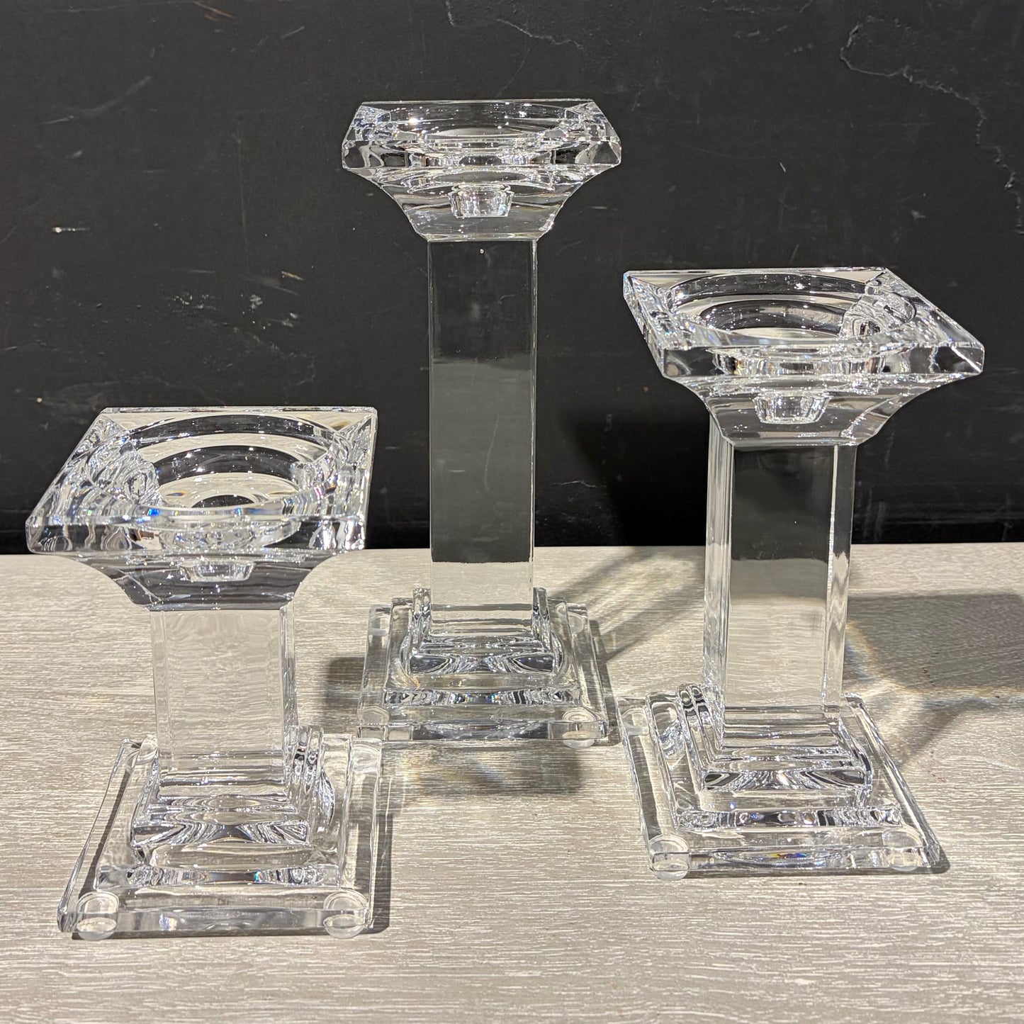Set of 3 Sq. Crystal Pillar Candle Holders, 3.75"W x 3.75"D x 5.5"/7.25"/9.25"H