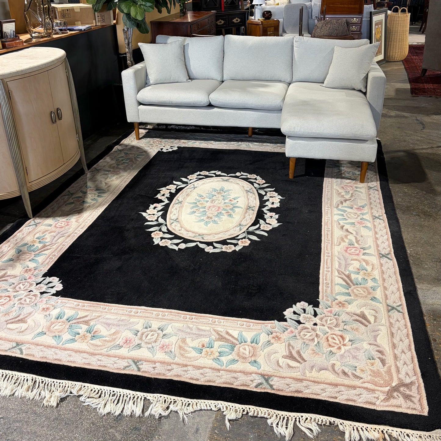Hand Knotted Chinese Aubusson Style Rug, Black & Cream, 7'7"W x  10'5"L