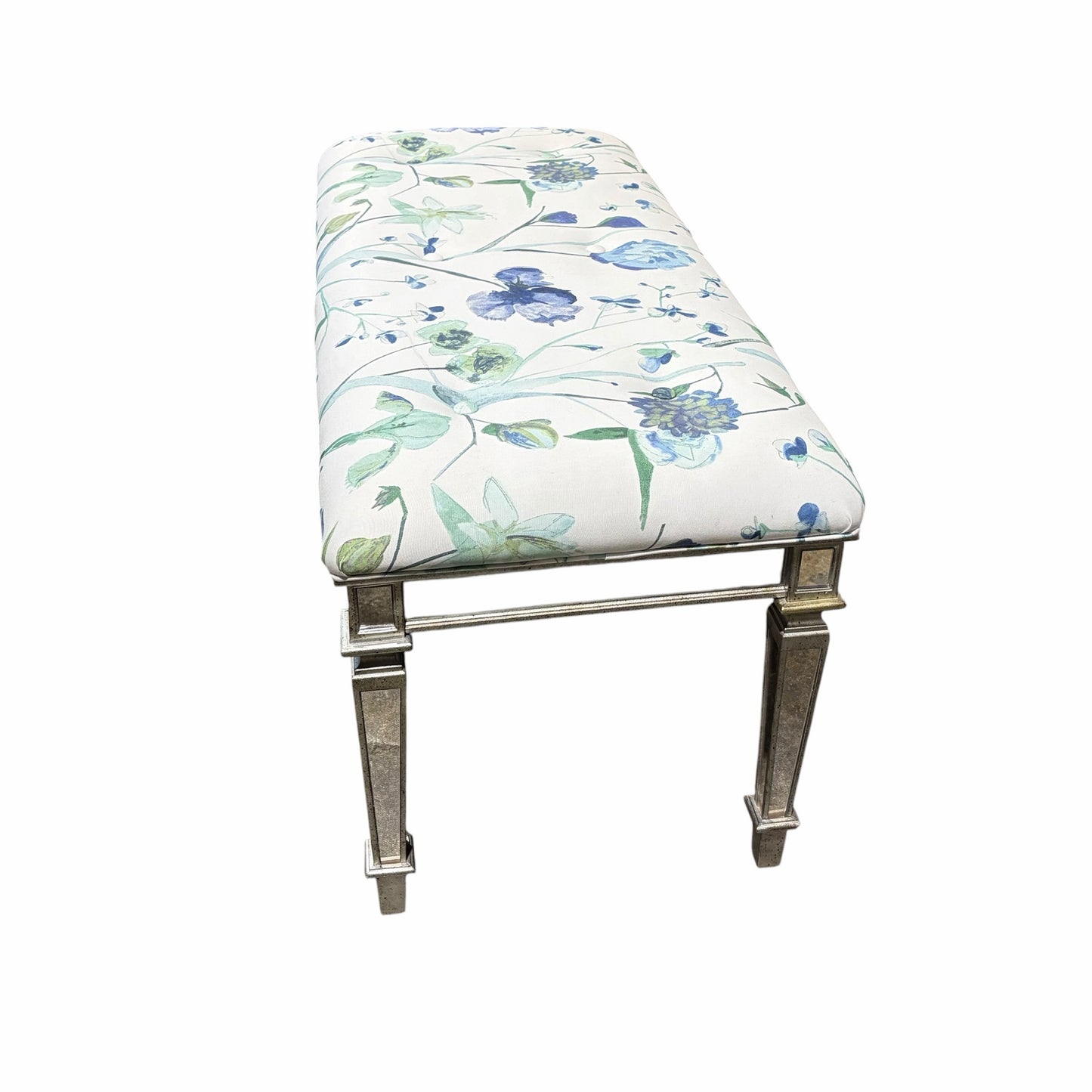 Celeste Mirrored Bench w/ Tufted Cushion, Watercolor Floral, 43"W x 19"D x 21"H