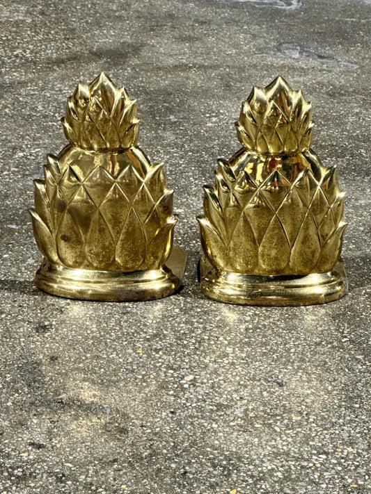 Vintage brass pineapple bookends, aged, 4.5"W x 4" D x 6.5"H