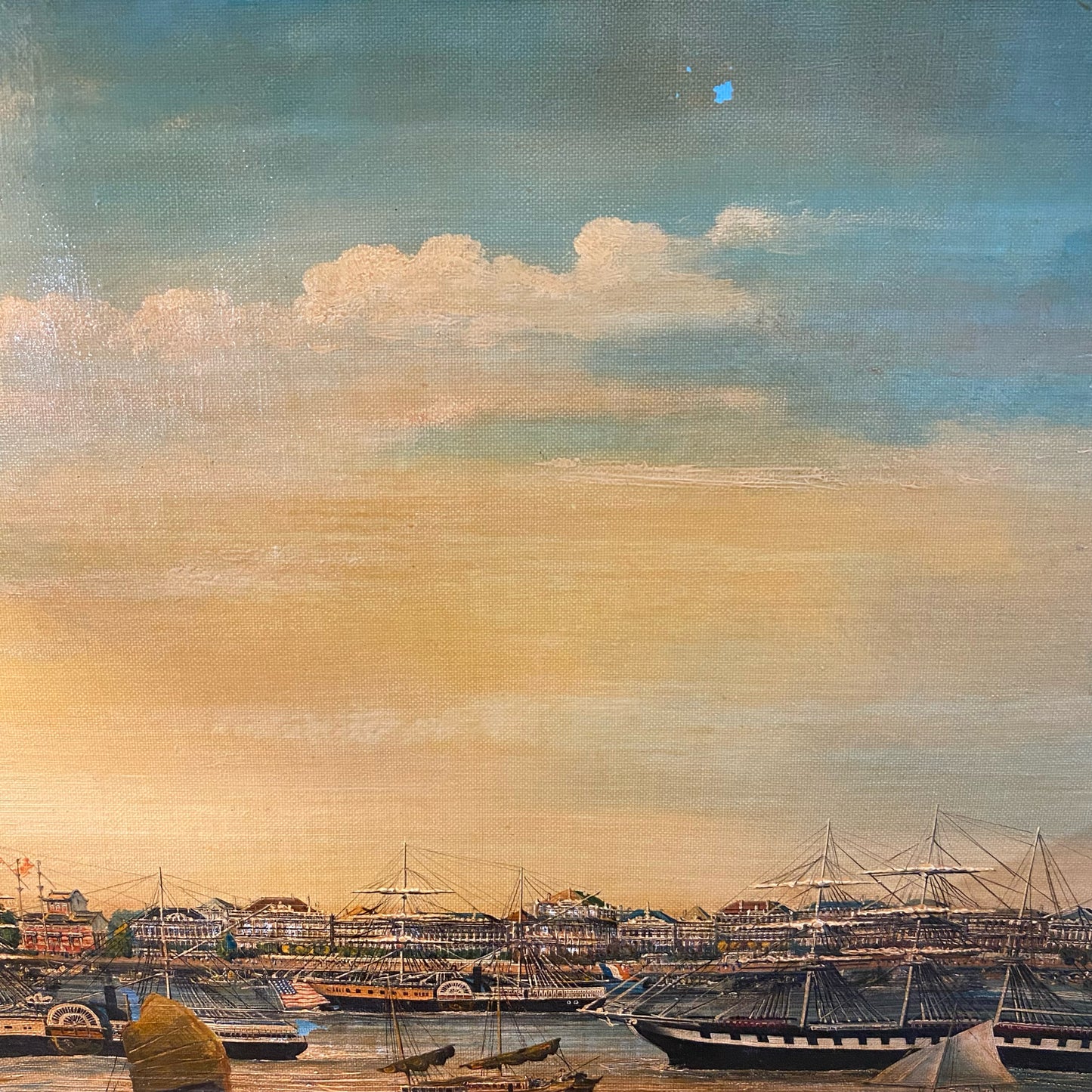 Vintage Harbor Oil Painting, Signed, 25"W x 21"H x 1.5"D (AS IS)