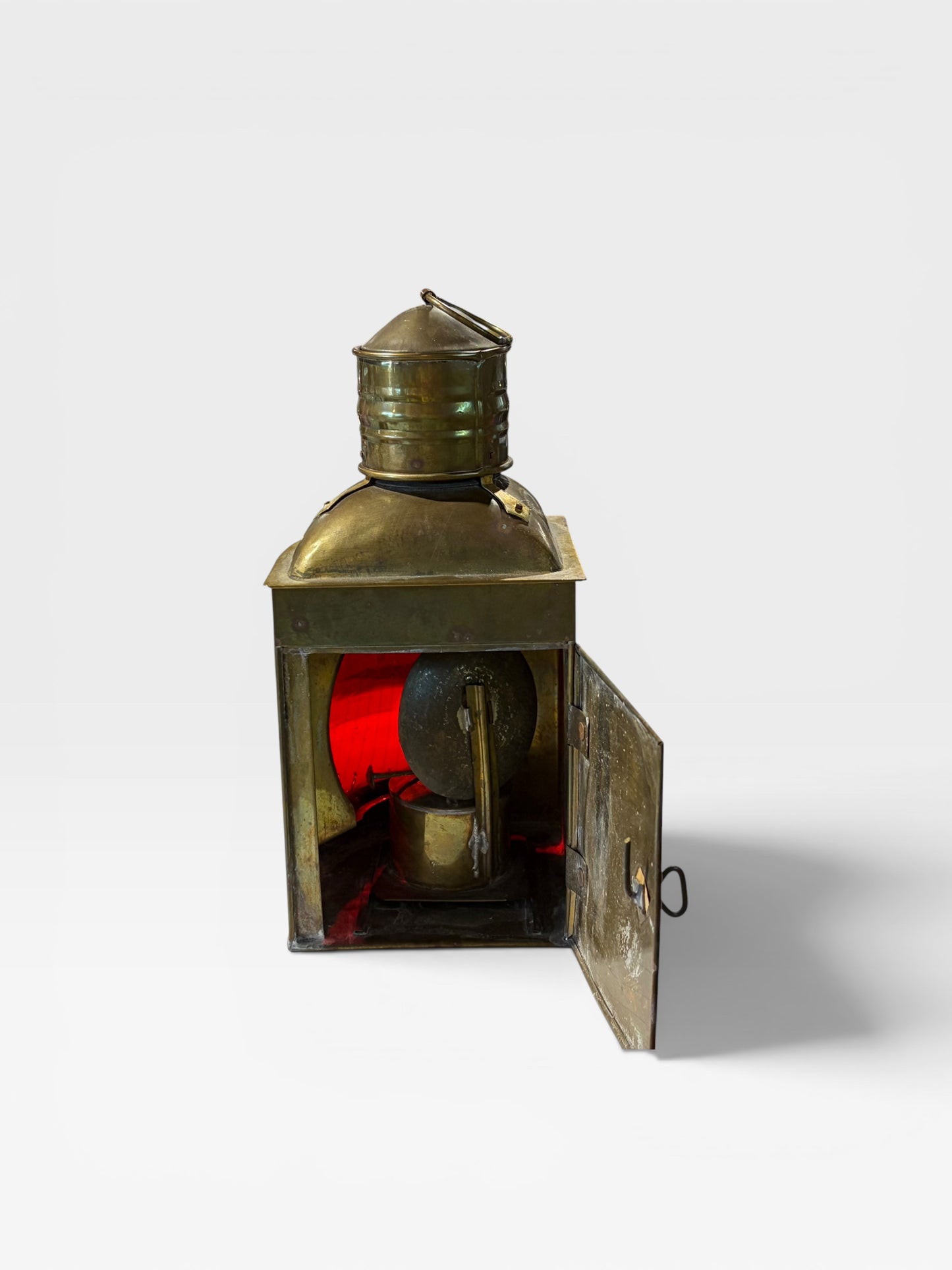 Pair VTG Red & Green Nautical Brass Oil Lamps, 9.5"H x 4"W x 4"D