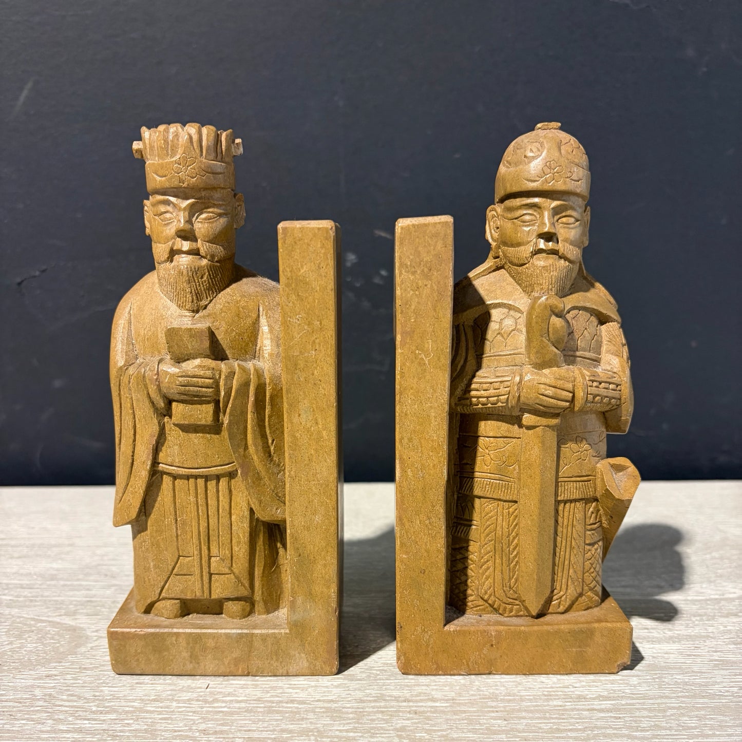 VTG Pair Of Hand Carved Soapstone Bookends, 2.75"W x 1.75"D x 6.25"H