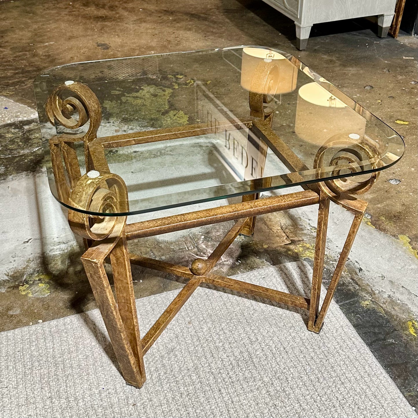 Rounded Edge Glass Top SideTable, Rustic Metal Scroll Base, 28"L x 26"W x 21"H