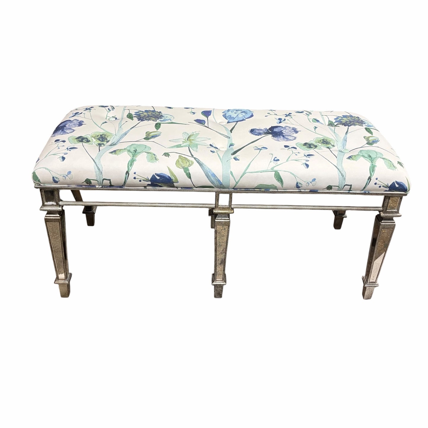 Celeste Mirrored Bench w/ Tufted Cushion, Watercolor Floral, 43"W x 19"D x 21"H