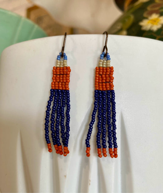 Beaded Tassel Earrings, Orange & Navy, Carrie Price Wearable Art