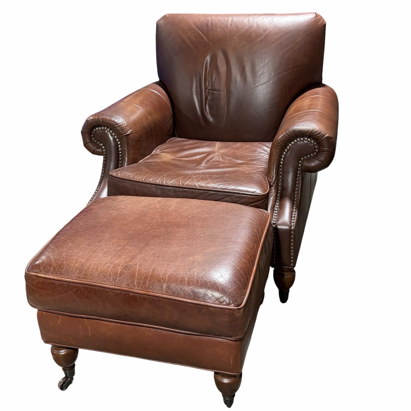 Brooklyn Leather Armchair & Ottoman w/ Nailhead Trim, 37"W x 36"D x 35"H