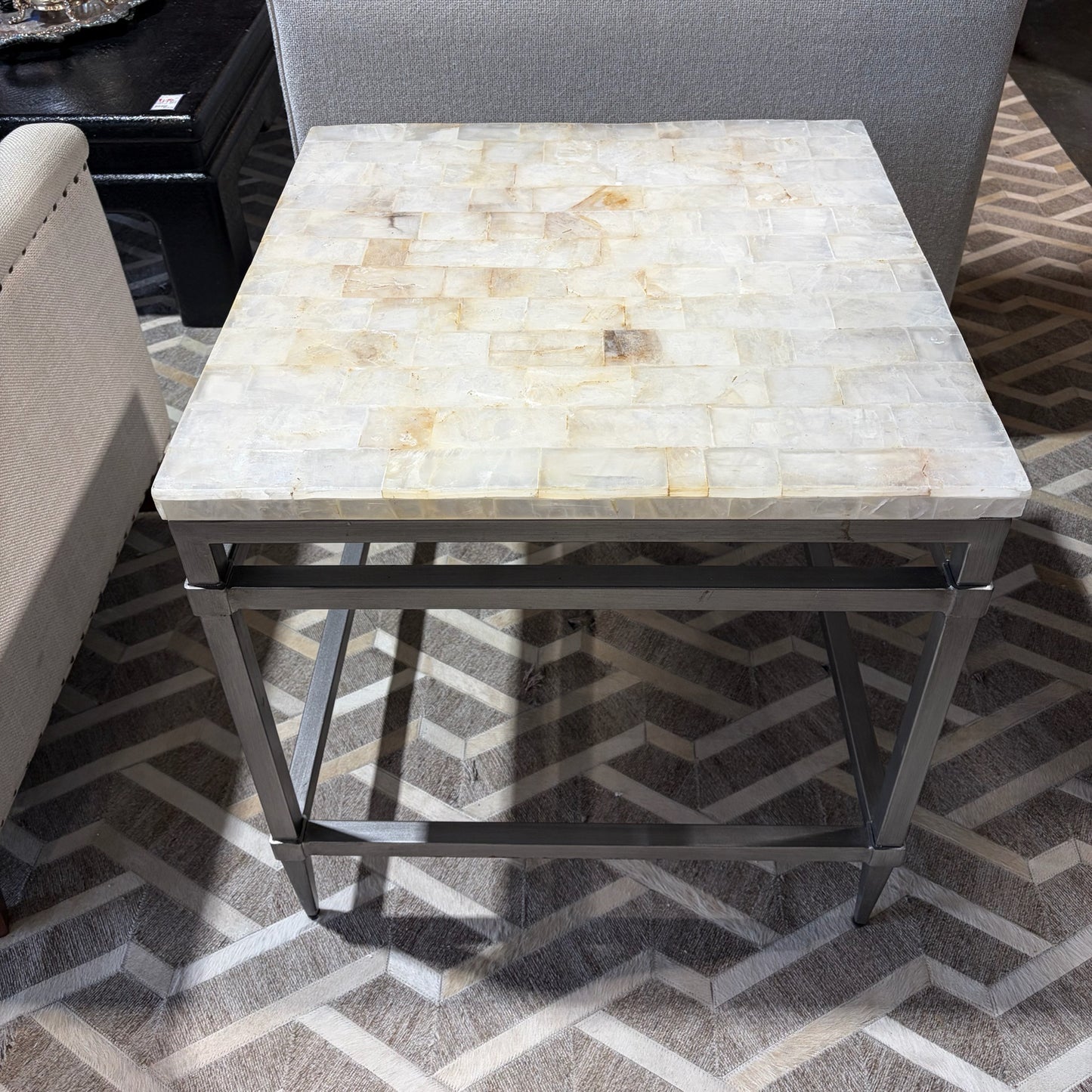 Square Mosaic Fossilized Stone Top, Pewter Metal, 24"W x 24"D x 24.5"H