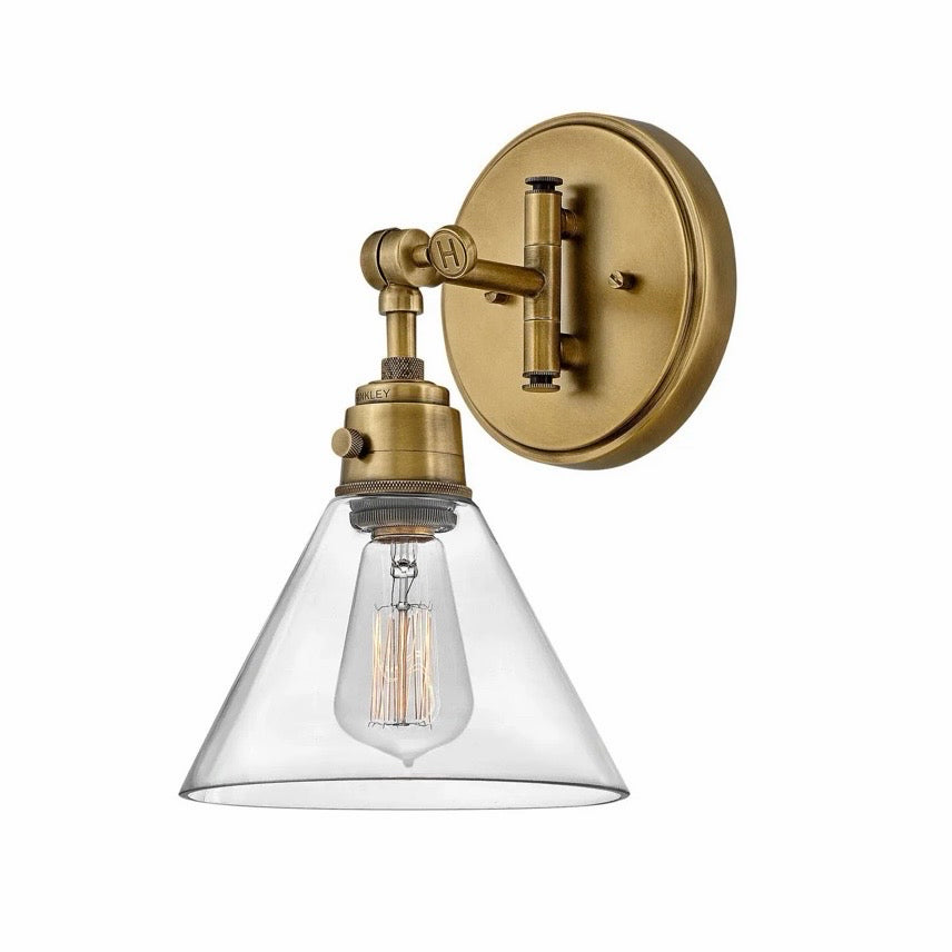 Hinkley Arti Wall Sconce, Heritage Brass / Clear glass 7.75"W x 9"D x 12.2"H