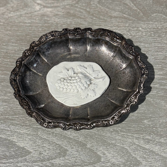 Grape Intagliio on Silverplated Dish 6.5" L x 7.75" W x 1" H
