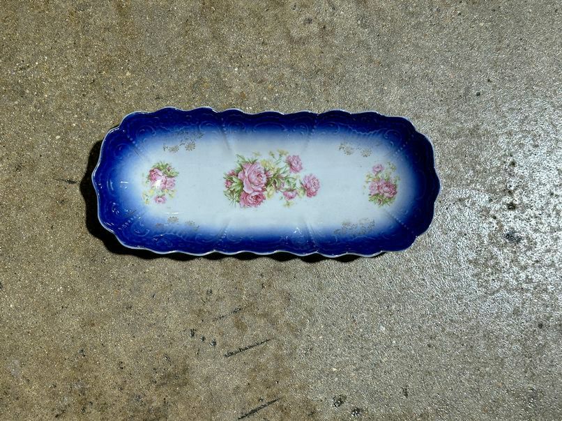 English Pansy/Peony Pattern dish, cobalt blue/gold accents,12"l x 5"w x 2"h