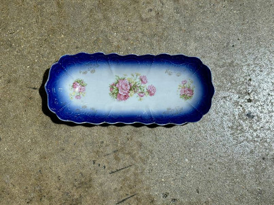 English Pansy/Peony Pattern dish, cobalt blue/gold accents,12"l x 5"w x 2"h