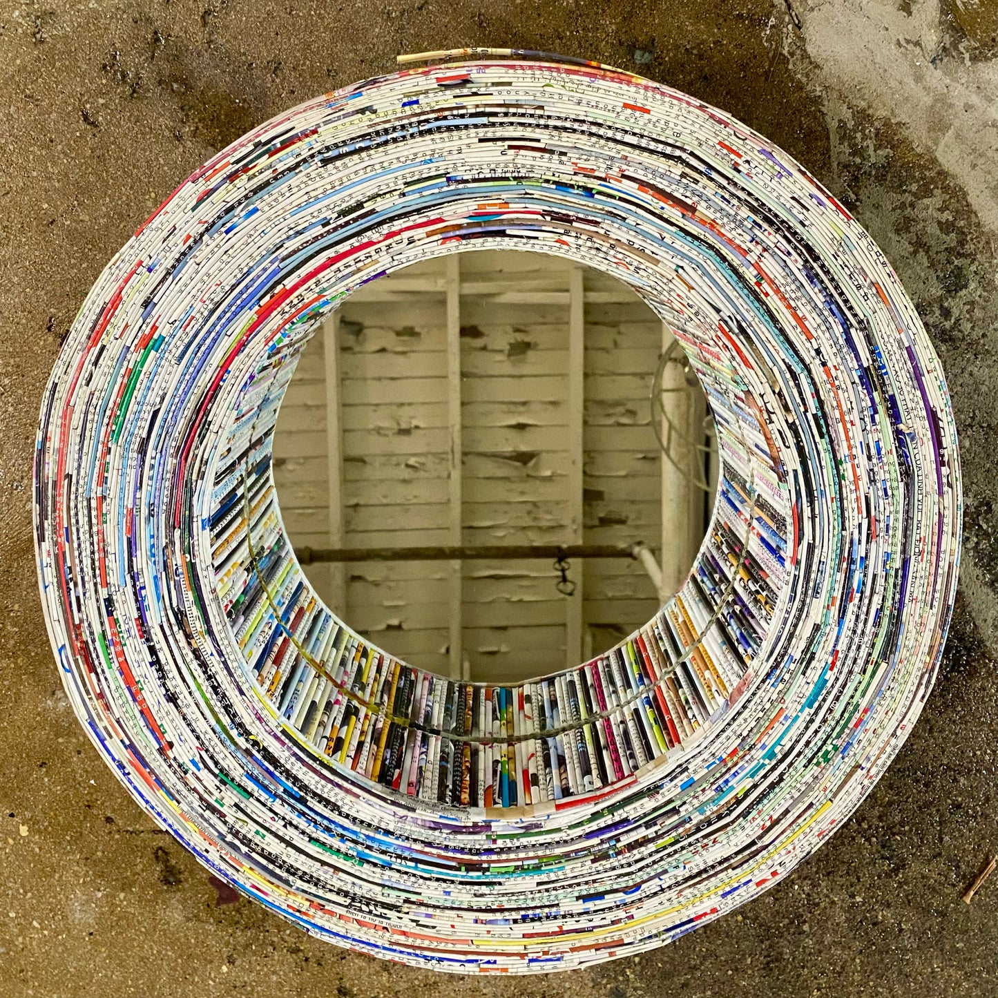 Recycled Magazine Mirror 16"Dia, 3"D