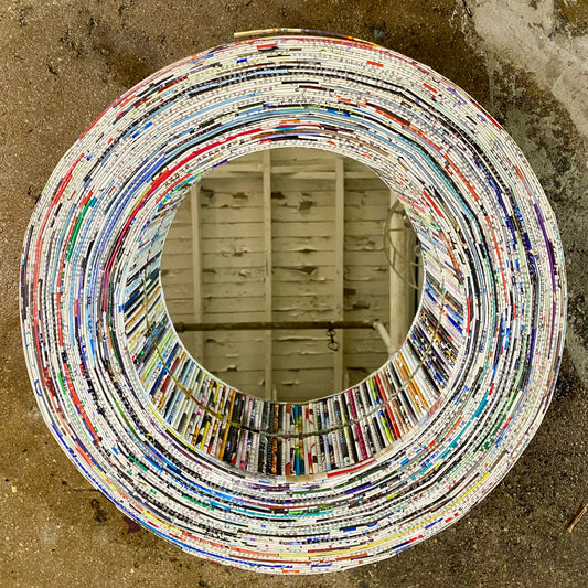 Recycled Magazine Mirror 16"Dia, 3"D