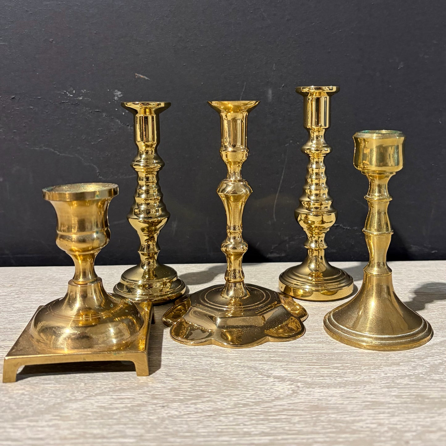 Set of 5 VTG Brass Candlesticks, Various Styles & Heights, 5"- 3.25"H