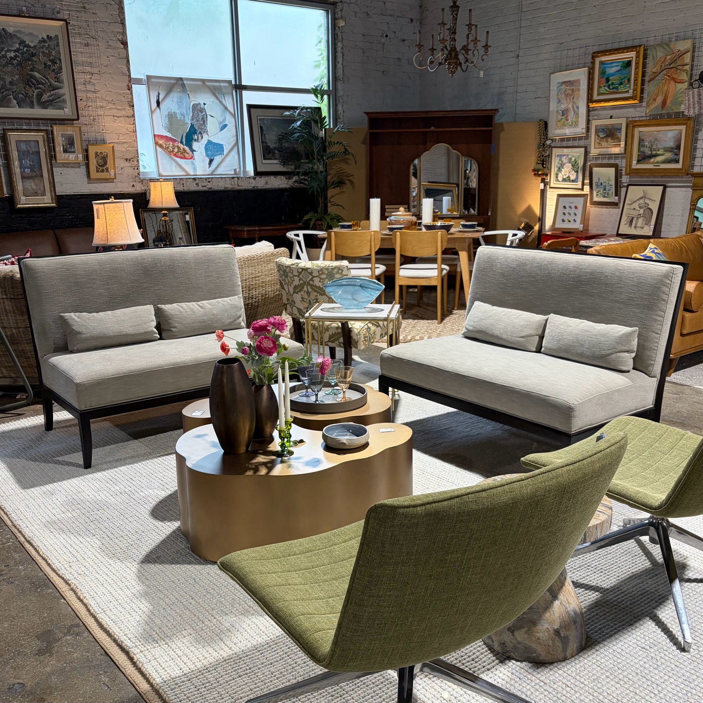 Grey Fabric and Dark Wood Bernhardt Settee, 49.5"W x 28"D x 36"H