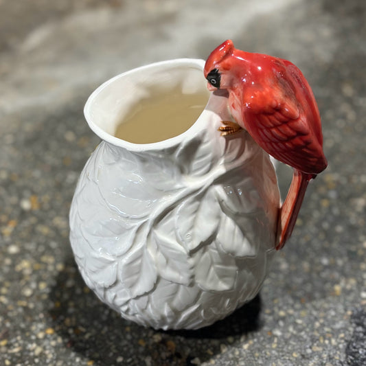 Vintage White Ceramic Pitcher w/ Cardinal Handle, 7" H x 5" W