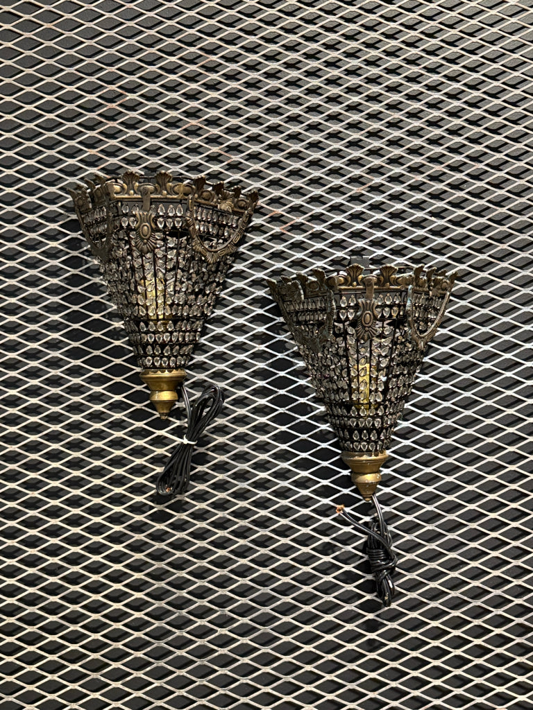 PAIR of Antique brass/crystal Art Deco sconces, 11.5"H x 9.5"W x 6"D