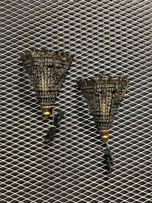 PAIR of Antique brass/crystal Art Deco sconces, 11.5"H x 9.5"W x 6"D