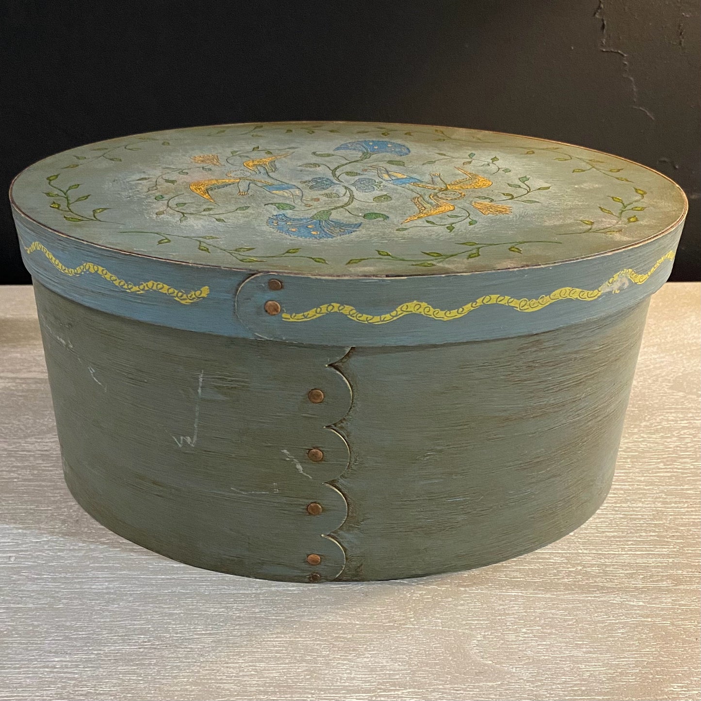 Vintage Handmade Wooden Oval Bride Box, 11.25"W x 8"D x 5.5"H