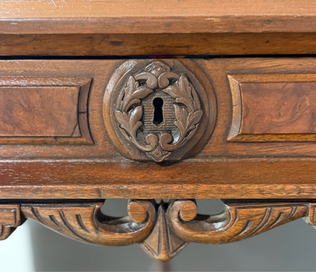 Antique Desk, c. 1870s, walnut, cameos/carving, 48.5"L x 26.5"W x 30"H