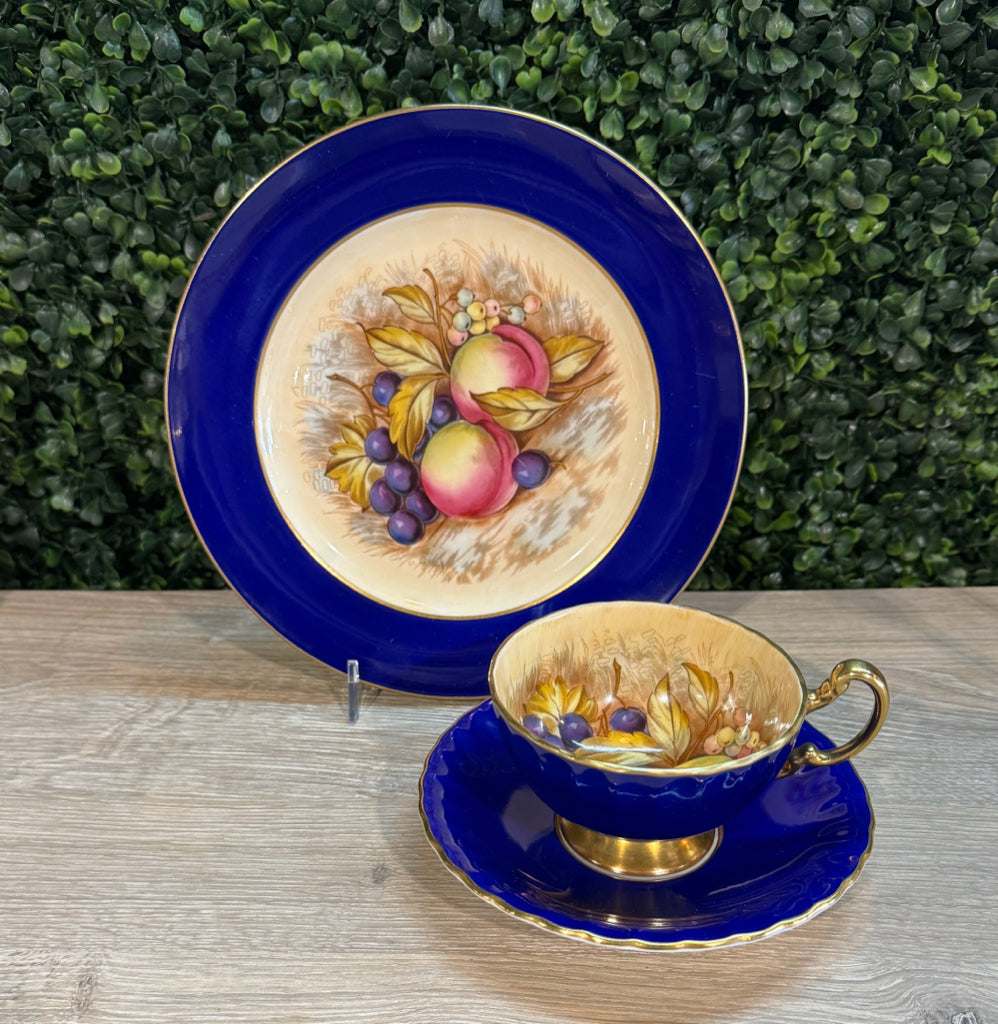 Ansley tea cup/saucer/dessert plate, cobalt/gold, 8"W x 8"D x 3"H
