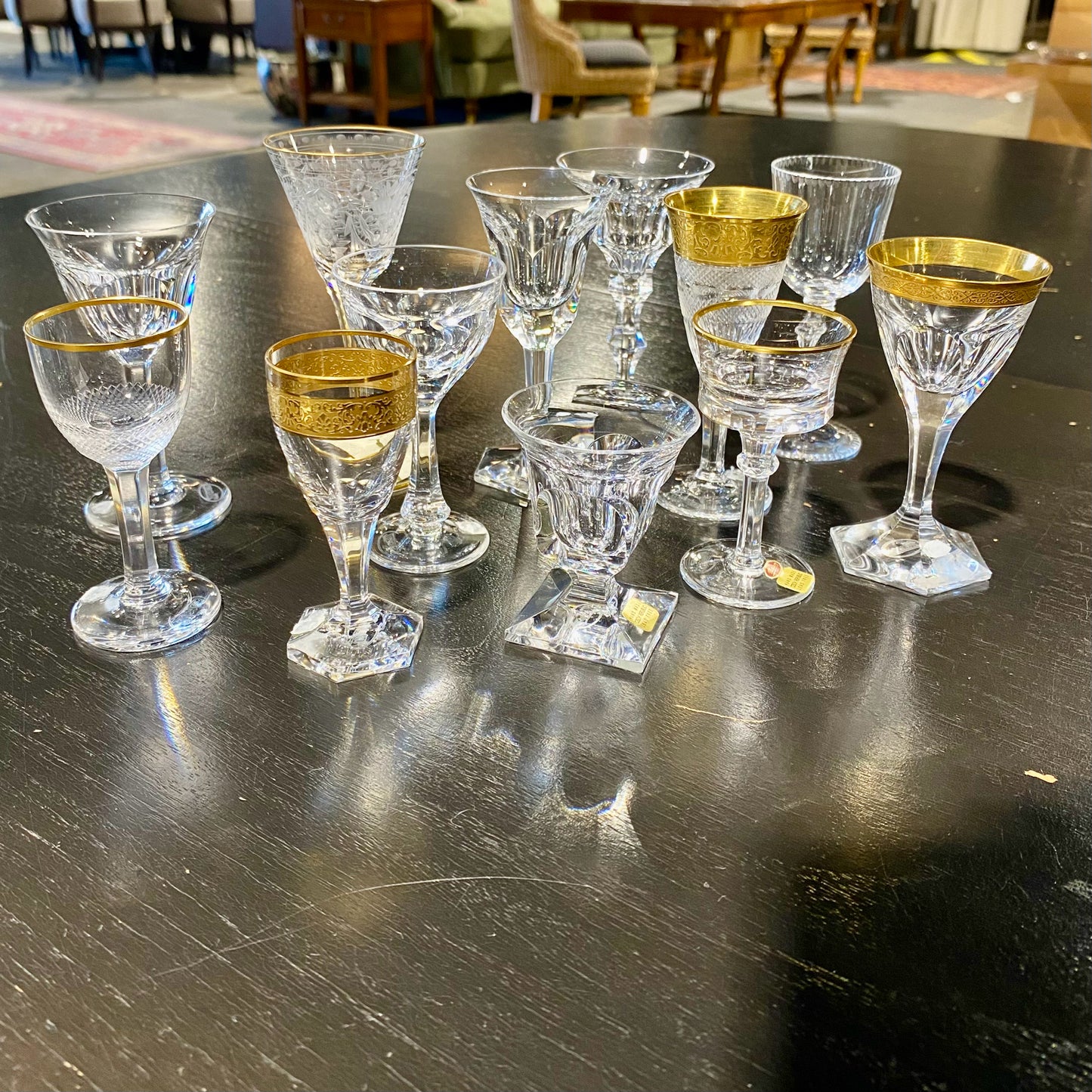 Moser 12 Crystal Cordials, Asst. Patterns in Case, 17"W x 12.6"D x 3"H