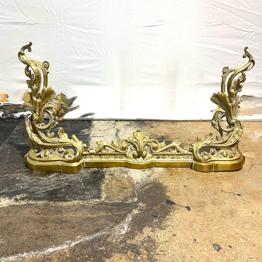 Antique Rococo Style Brass Fireplace Fender, 33"W x 18"D x 17.5"H