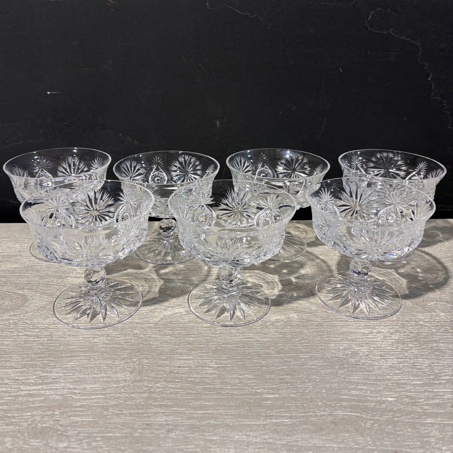 8 VTG Cut Cyrstal Compotes/Champagne Glasses, Starburst Design, 4.25"Dia x 4"H