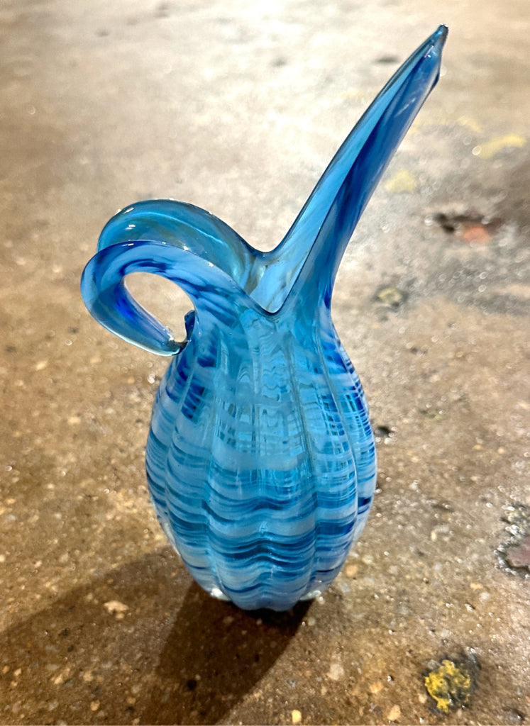 Vintage Lefton glass pitcher, blue/white swirl, 10"H