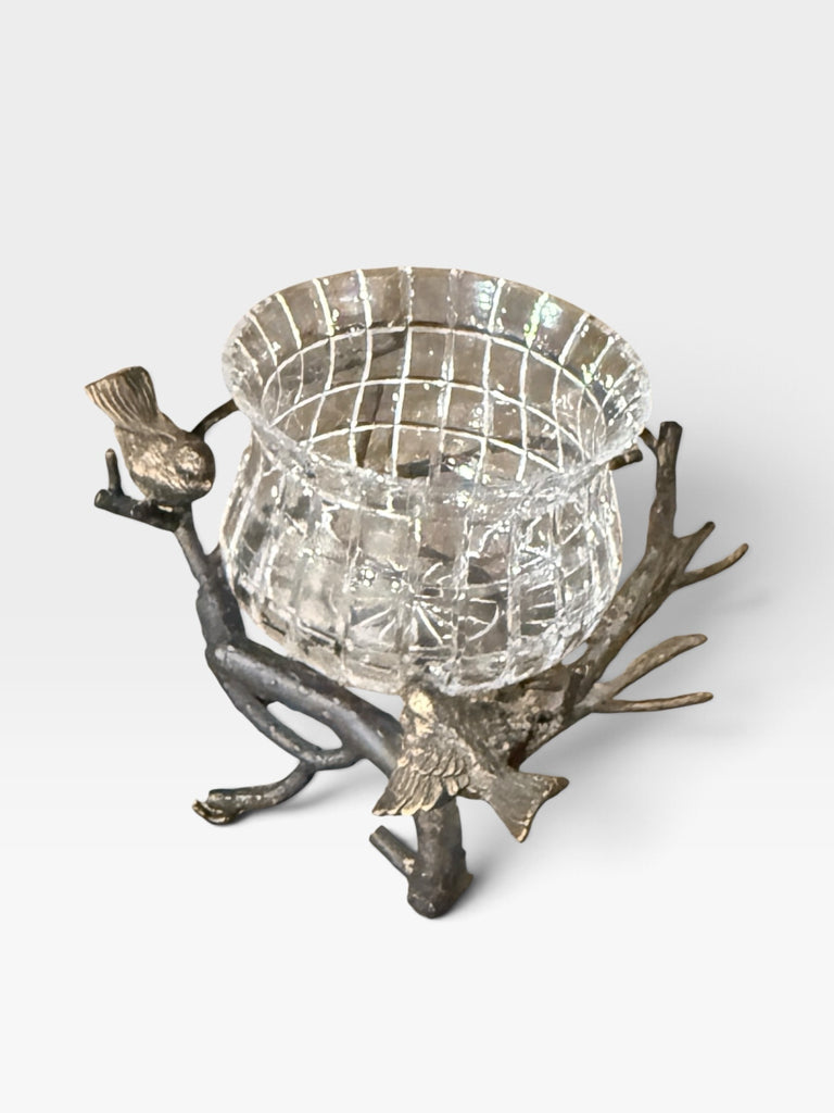 Berkshire Gardens crystal/wrought iron bowl, birds/twigs, 14"W x 14"D x 8"H