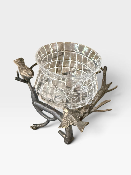 Berkshire Gardens crystal/wrought iron bowl, birds/twigs, 14"W x 14"D x 8"H
