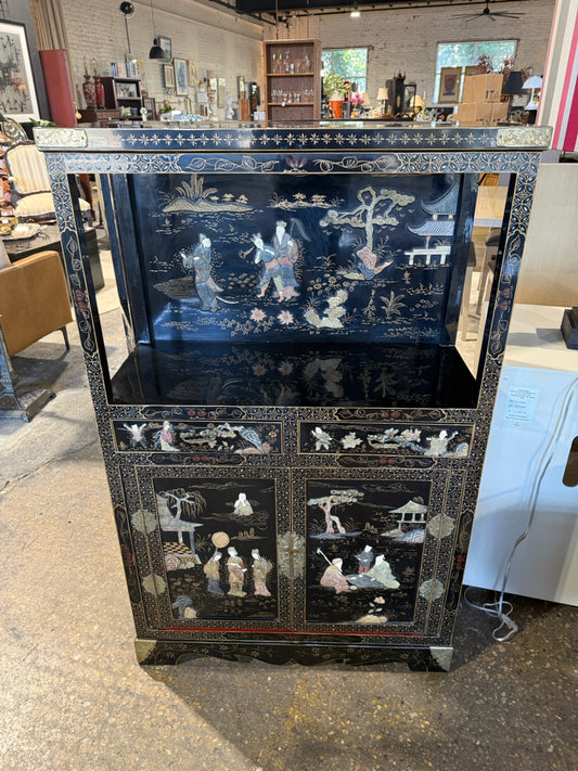 VTG Korean cabinet, blk lacquer/red interior, 13"D x 31"W x 48'H