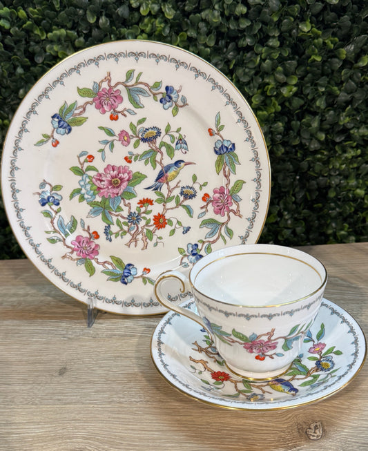 Ansley tea cup/saucer/dessert plate, birds/flowers, 8"W x 8"D x 4"H