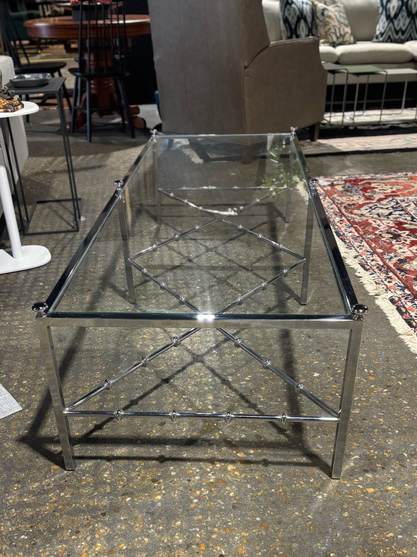 Chrome Faux Bamboo & Glass Coffee Table 66" L x 24" W x 16" H
