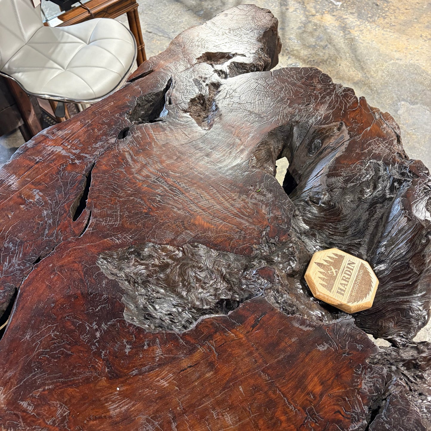 Reclaimed Calif Redwood slab on 2 redwood pedestals, 120"L x 38"W x 33"H