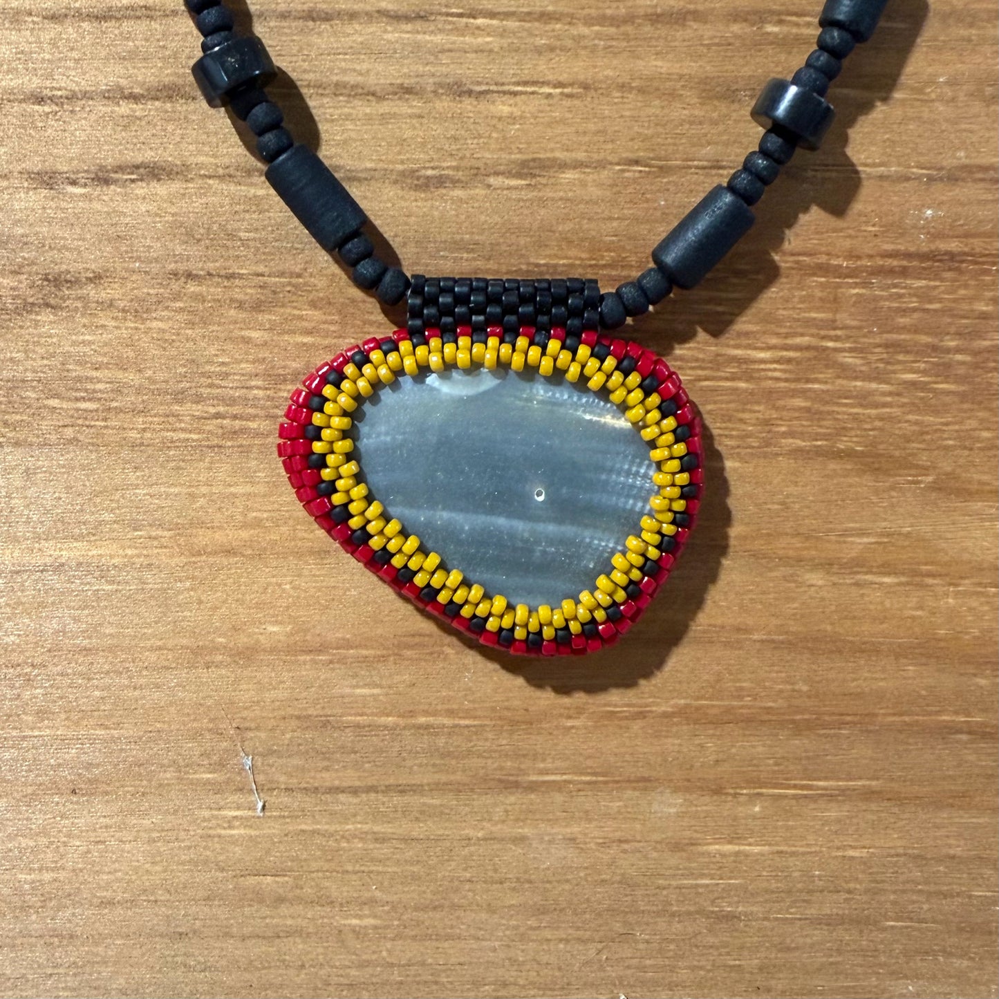 Black Shell Pendant W/Peyote Bezel, 18"L, Carrie Prince Wearable Art