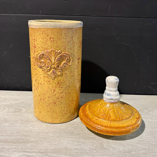 Mustard Yellow Canister w/ Fleur-de-lis, 8"Dia x 18"H