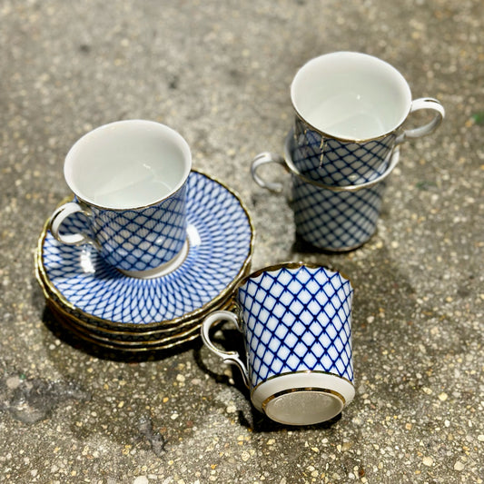 AS-IS Set of Four Cups & Saucers, Blue & White w/ Gold Rims, 5.5" Dia x 3.25" H