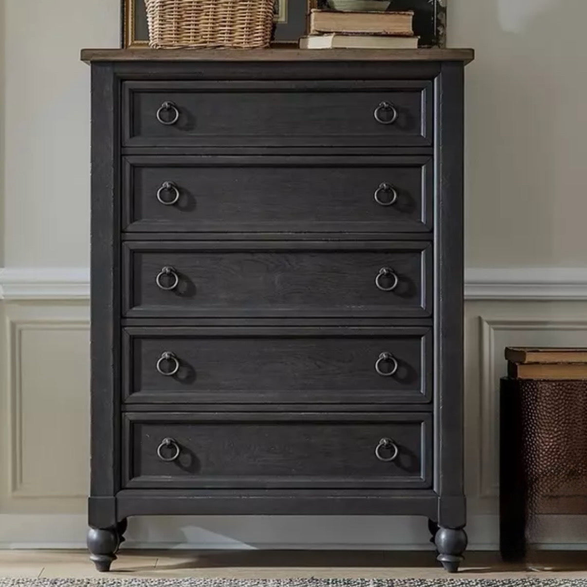 Americana Farmhouse Black 5 Drawer Chest, 45.47"W x 21.65"D x 55.31"H