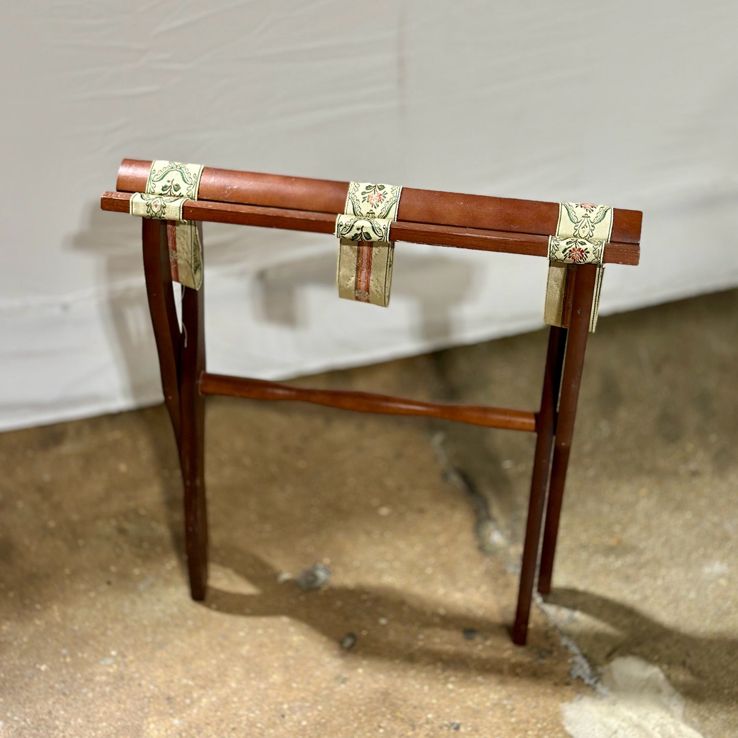 Vintage Folding Wood Luggage Rack, Green & Pink Floral, 22.5"L x 13.25"W x 20"H