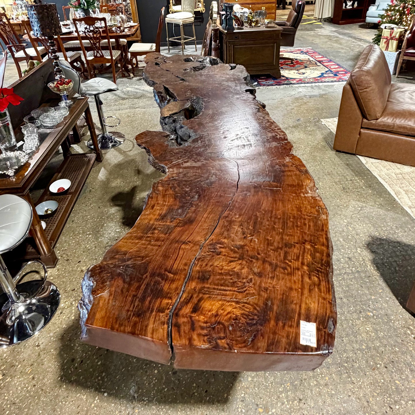 Reclaimed Calif Redwood slab on 2 redwood pedestals, 120"L x 38"W x 33"H