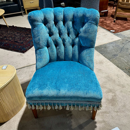 Tufted Armless Upholstered Chair, Teal w/ Tassel Trim, 26.5"L x 29.5"D x 35.5"H