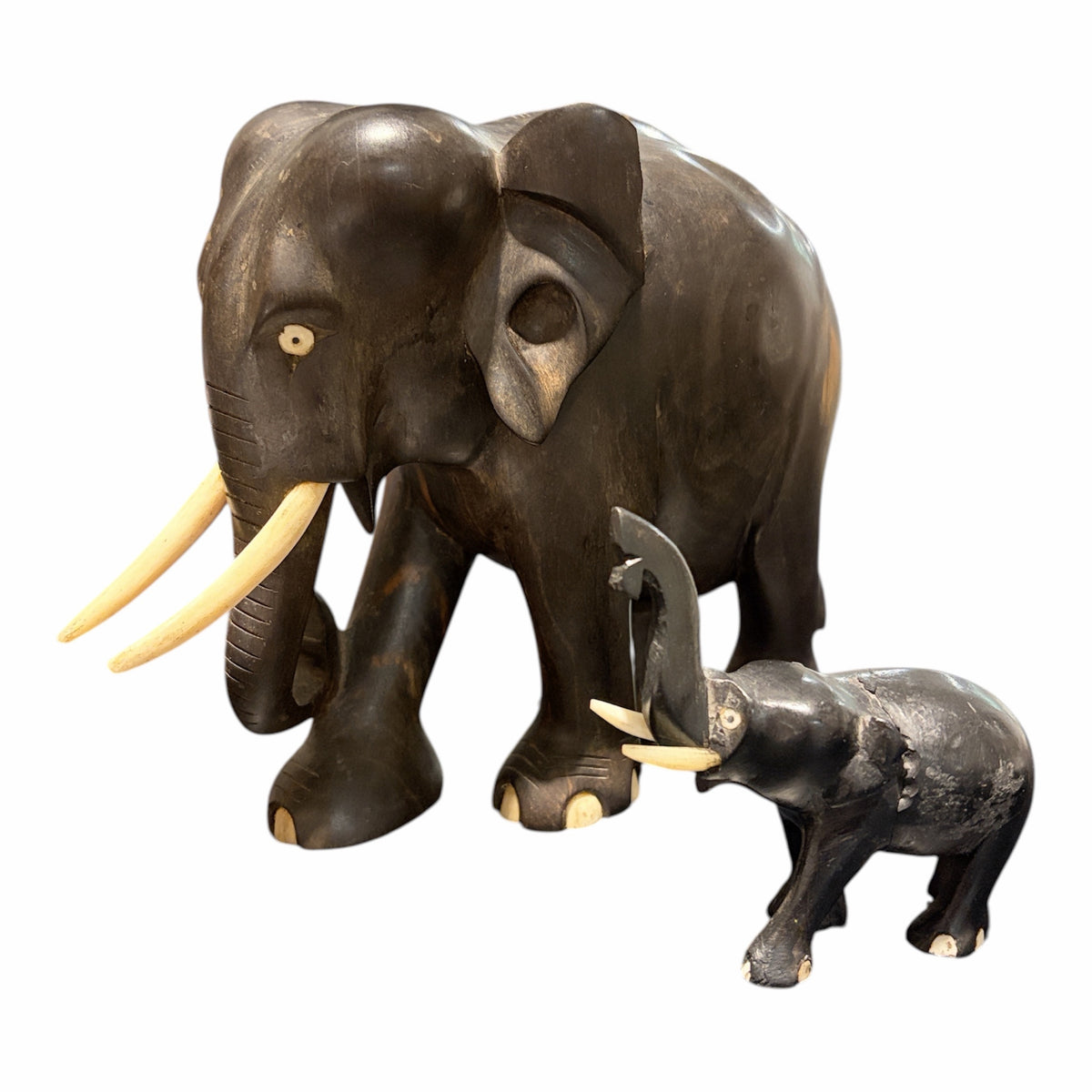 VTG Hand Carved Elephant Duo with Tusks