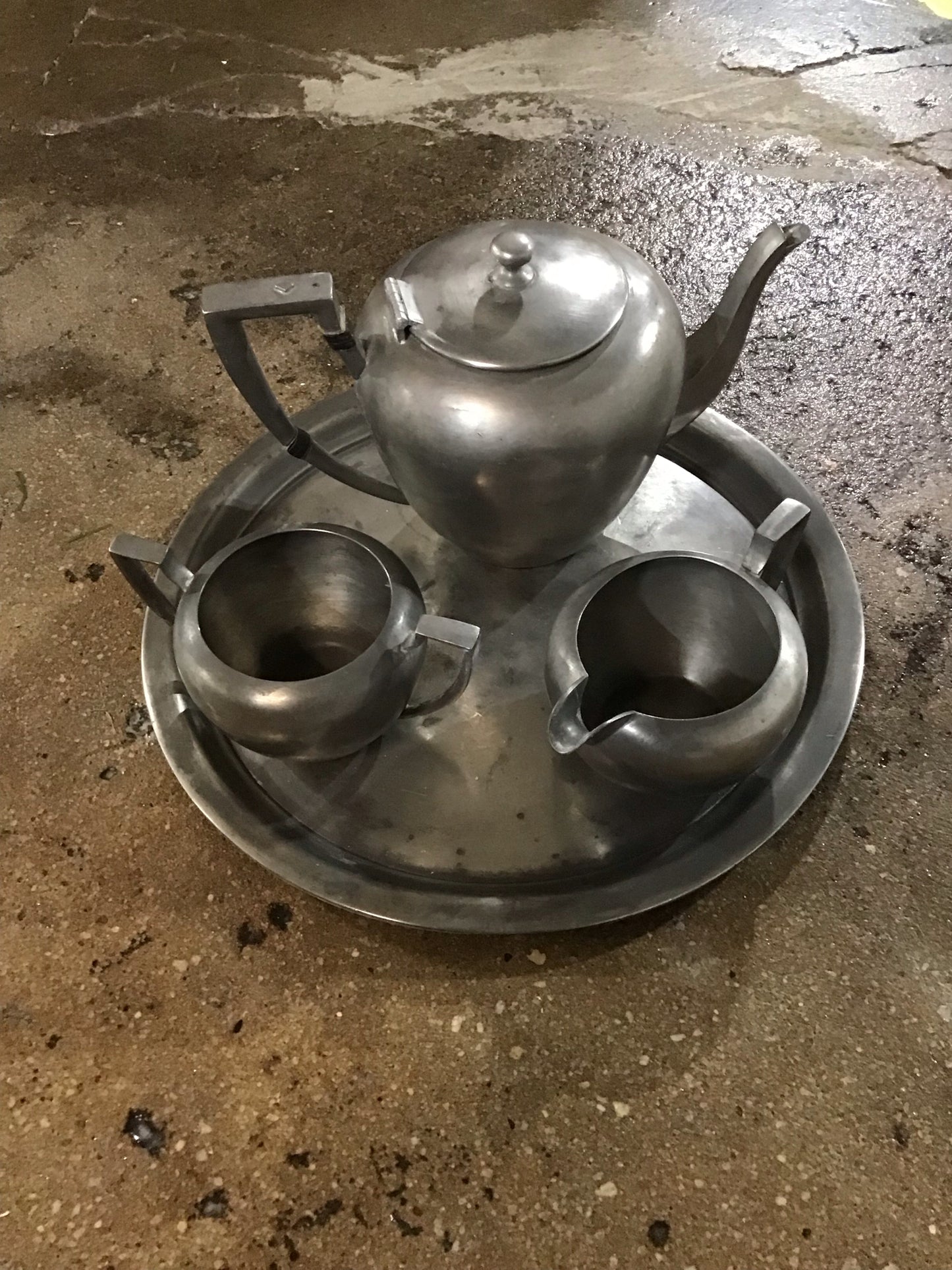 Vintage Pewter Tea Set 12" Diameter, Pot 6" H