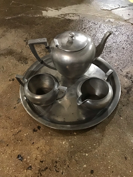 Vintage Pewter Tea Set 12" Diameter, Pot 6" H