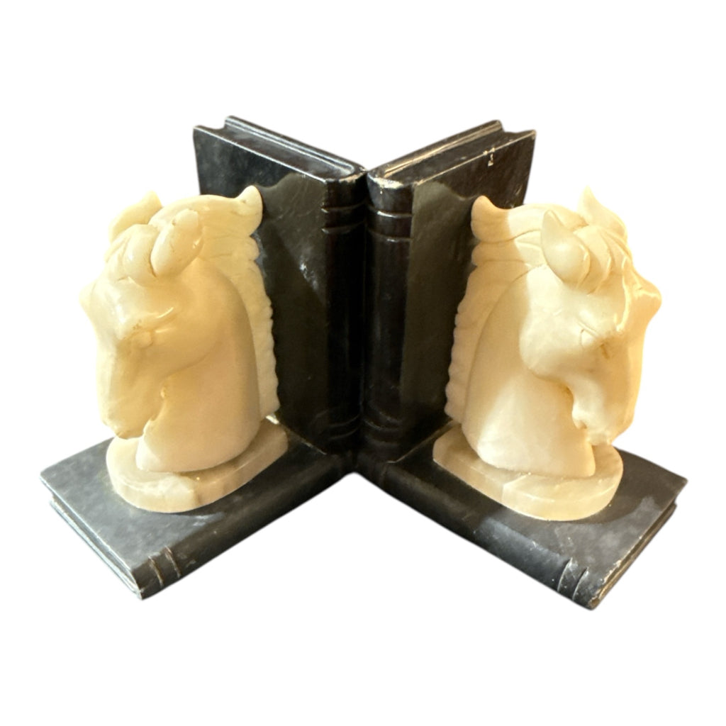 Vintage marble horse head bookends, 4"H x 4.25"W x 2.5"D