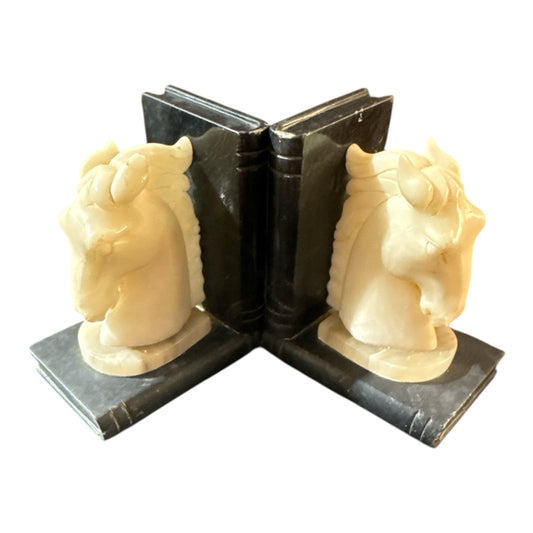 Vintage marble horse head bookends, 4"H x 4.25"W x 2.5"D