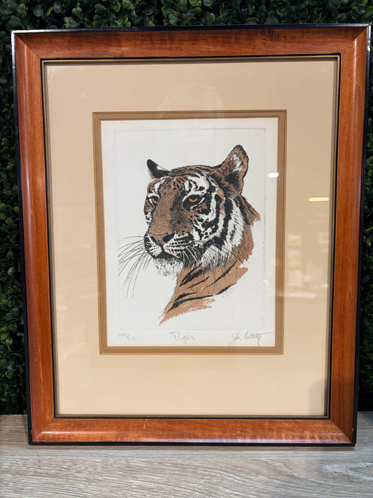 VTG "Tiger" by John Collette,  Hand Colored Etching, 12.75"W x 15.75"H x .75"D